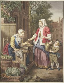 A lady with a boy buys apples, 1799. Creator: Jacobus Buys