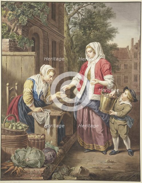 A lady with a boy buys apples, 1799. Creator: Jacobus Buys.