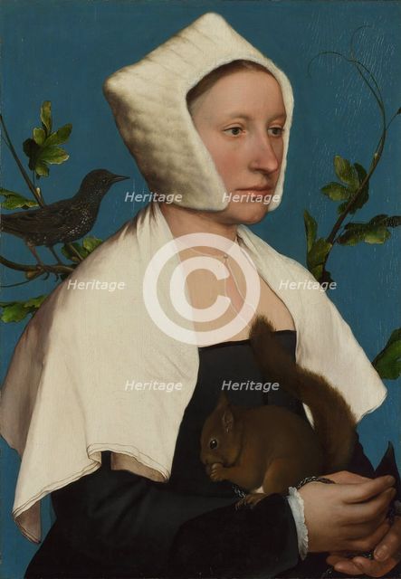 A Lady with a Squirrel and a Starling (Anne Lovell?), c. 1527. Artist: Holbein, Hans, the Younger (1497-1543)