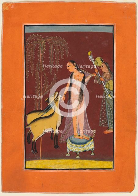 A Lady with Attendant and a Pair of Deer, probably Gujari Ragini of Dipak, from a Pahari Ragamala, 1 Creator: Unknown.
