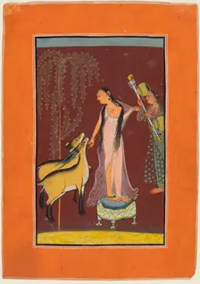 A Lady with Attendant and a Pair of Deer, probably Gujari Ragini of Dipak, from a Pahari Ragamala, 1 Creator: Unknown