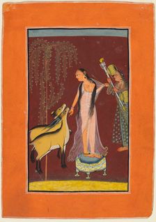 A Lady with Attendant and a Pair of Deer, probably Gujari Ragini of Dipak, from a Pahari Ragamala, 1 Creator: Unknown