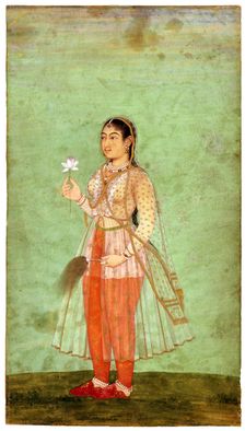 A Lady with Flower and Fly Whisk, c.1630. Artist: Indian Art
