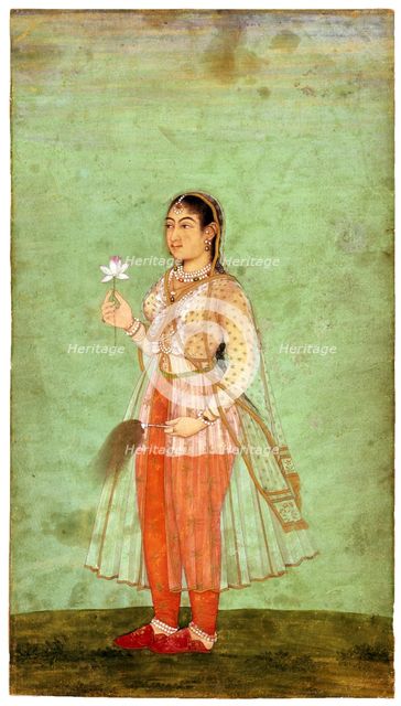 A Lady with Flower and Fly Whisk, c.1630. Artist: Indian Art  