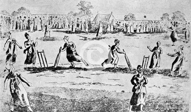 A ladies' cricket match, Newington Green, Islington, London, 1811 (1912). Artist: Unknown