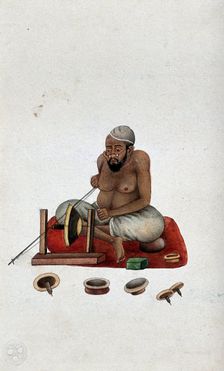A lapidary at work cutting and polishing stones, (between 1800 and 1899?). Creator: Unknown