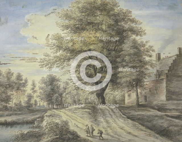 A large tree lies by a house, three figures and a dog are in the foreground, (1669?). Creator: Lucas van Uden.