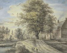 A large tree lies by a house, three figures and a dog are in the foreground, (1669?). Creator: Lucas van Uden