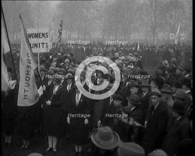 A Large Crowd of Female Civilians in a Political Rally. a Banner Reads: 'Women Units', 1920. Creator: British Pathe Ltd.