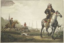 A large crowd sits by the ships on the bank of a river; a richly dressed rider with a turban... Creator: Jacob van Strij