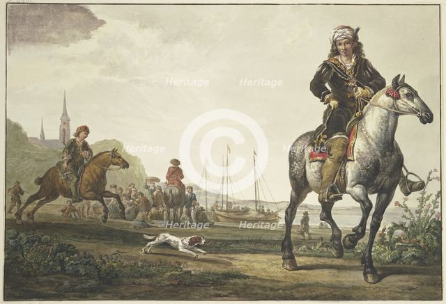 A large crowd sits by the ships on the bank of a river; a richly dressed rider with a turban... Creator: Jacob van Strij.