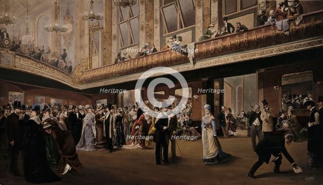 A large gathering inside a galleried ballroom, 1878. Creator: Unknown.
