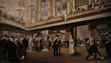 A large gathering inside a galleried ballroom, 1878. Creator: Unknown