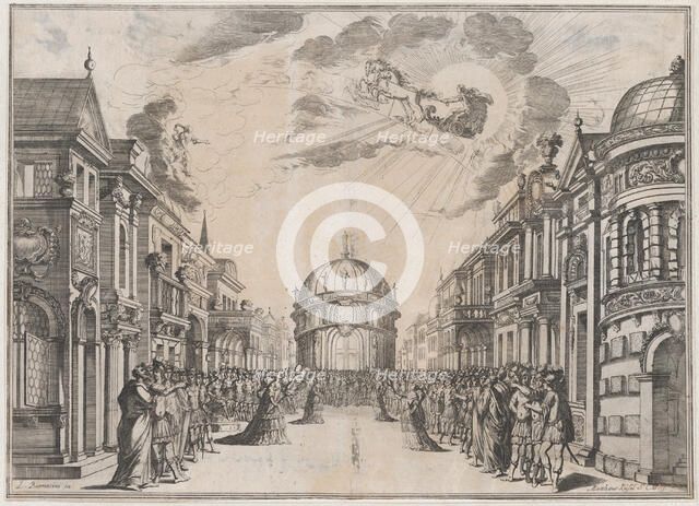 A large gathering of people in the street as a goddess races across the sky in a chariot l..., 1674. Creator: Mathäus Küsel.