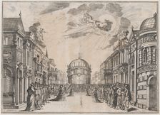 A large gathering of people in the street as a goddess races across the sky in a chariot l..., 1674. Creator: Mathäus Küsel