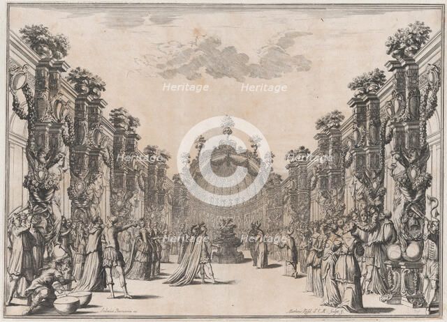 A large group gathered in a courtyard before a domed structure; musicians play at left; se..., 1674. Creator: Mathäus Küsel.