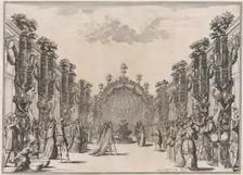 A large group gathered in a courtyard before a domed structure; musicians play at left; se..., 1674. Creator: Mathäus Küsel