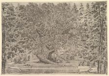 A large inhabited tree in center with ramps leading around the trunk, below a stone pa..., ca. 1653. Creator: Stefano della Bella