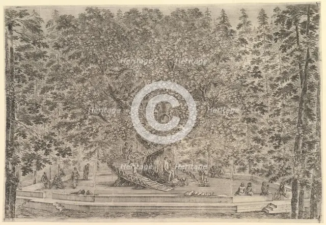 A large inhabited tree in center with ramps leading around the trunk, below a stone pa..., ca. 1653. Creator: Stefano della Bella.