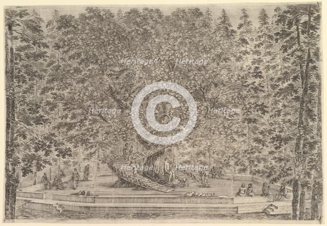 A large inhabited tree in center with ramps leading around the trunk, below a stone pa..., ca. 1653. Creator: Stefano della Bella.