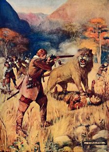 A Large Lion sprung upon one of the Men 1909. Artist: Joseph Ratcliffe Skelton