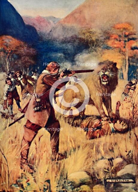 'A Large Lion sprung upon one of the Men', 1909. Artist: Joseph Ratcliffe Skelton.