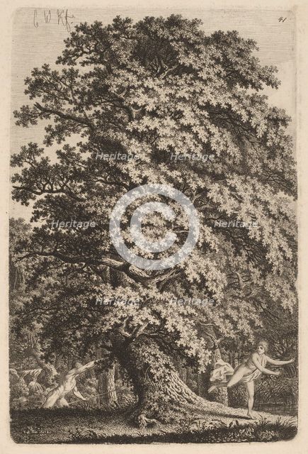 A Large Oak Tree in Gehölz. A Young Man with a Spear Follows a Young Girl., c.1800. Creator: Carl Wilhelm Kolbe the elder.