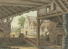 A large shed offers a view of a village. Creator: Philipp Jakob Bauer