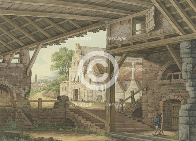 A large shed offers a view of a village. Creator: Philipp Jakob Bauer.