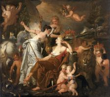 A late Princess personifying Peace crowning the glory of England reflected on Europe 1819. Artist: John Downman