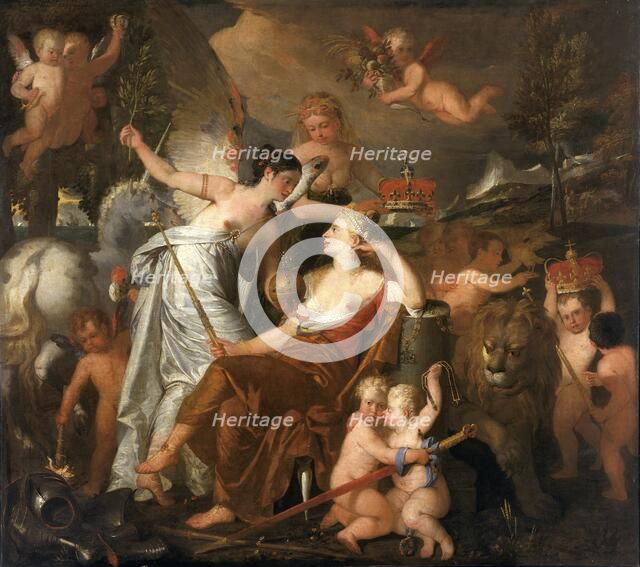 'A late Princess personifying Peace crowning the glory of England reflected on Europe', 1819. Artist: John Downman