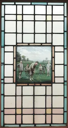 A Late Victorian Leaded Glass Window With The Golfers, c. 1890. Artist: Brock, Charles Edmund (1870-1938)