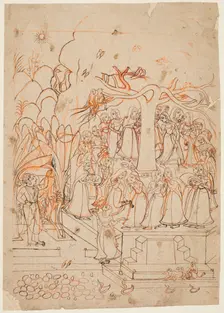A leaf from a Baramasa series: the month Jyestha (May-June), Krishna watches the Gopis..., c. 1760. Creator: Unknown