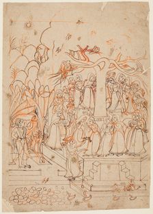 A leaf from a Baramasa series: the month Jyestha (May-June), Krishna watches the Gopis..., c. 1760. Creator: Unknown