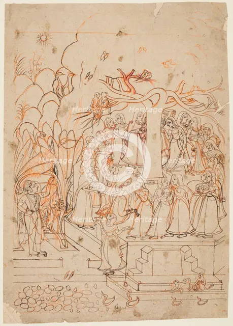 A leaf from a Baramasa series: the month Jyestha (May-June), Krishna watches the Gopis..., c. 1760. Creator: Unknown.