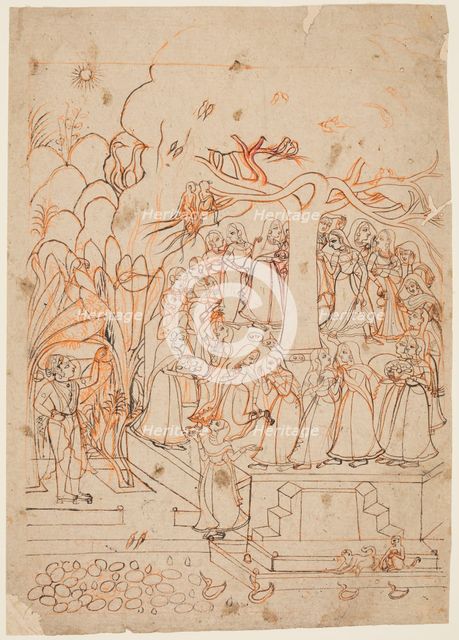 A leaf from a Baramasa series: the month Jyestha (May-June), Krishna watches the Gopis..., c. 1760. Creator: Unknown.