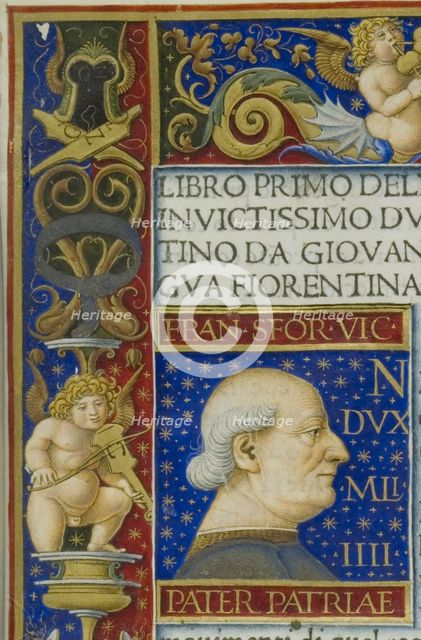 A leaf from the La Sforziada with the portrait of Francesco Sforza in the initial space, 1479.