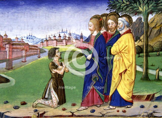 A leper approaches Jesus and asks him to cure the illness: Jesus agrees, miniature in the codex o…