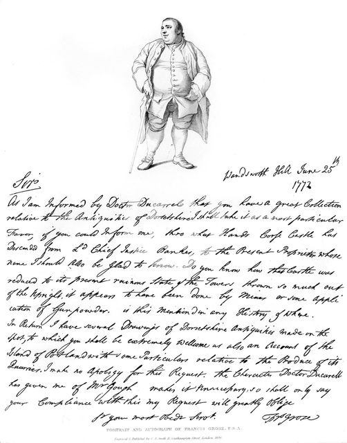 A letter and portrait of Francis Grose, 1772, (1840).Artist: Francis Grose