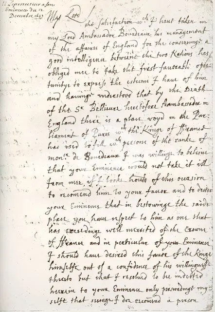 A letter by Oliver Cromwell to Cardinal Mazarin, 4 December 1657, (1899). Artist: Unknown
