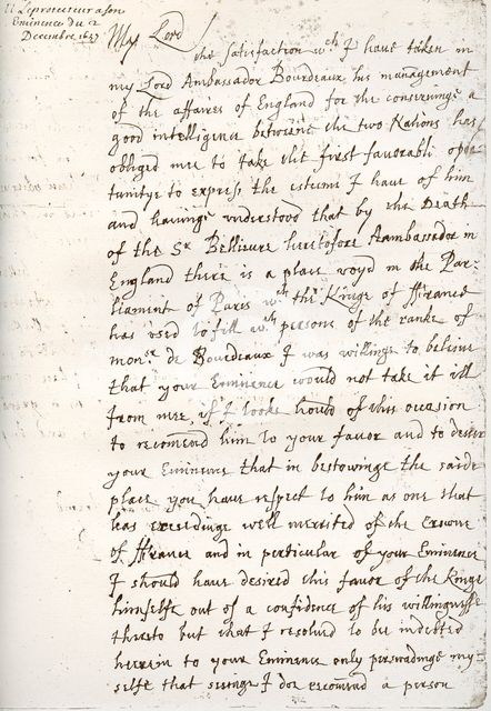 A letter by Oliver Cromwell to Cardinal Mazarin, 4 December 1657, (1899). Artist: Unknown