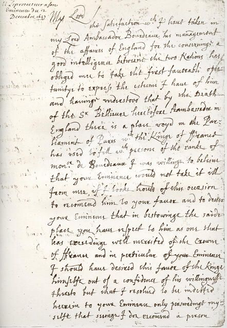 A letter by Oliver Cromwell to Cardinal Mazarin, 4 December 1657, (1899). Artist: Unknown