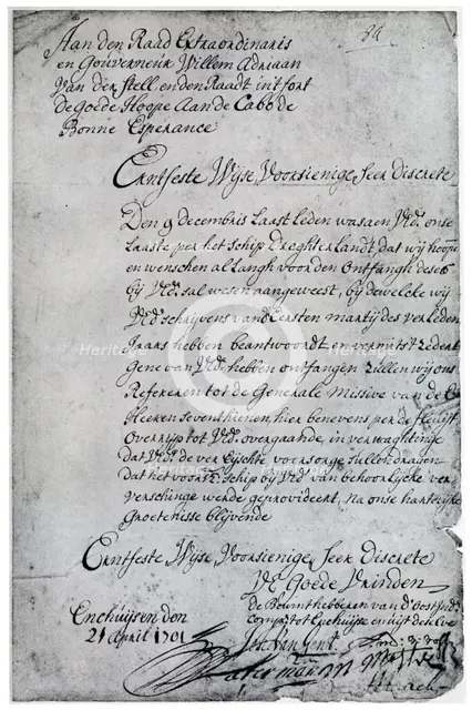 A letter from the Dutch East India Company to Willem Adriaan van der Stel, 18th century (1931). Artist: Unknown