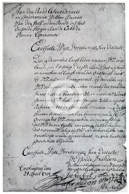 A letter from the Dutch East India Company to Willem Adriaan van der Stel, 18th century (1931). Artist: Unknown