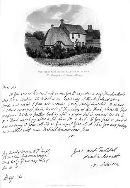 A letter from Addison, and a view of his birthplace, late 17th-early 18th century, (1840). Artist: Joseph Addison