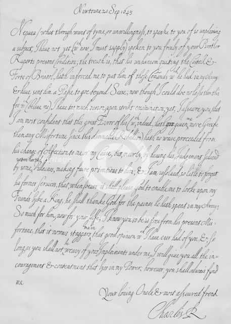  A letter from Charles I to his nephew Prince Maurice of the Palatinate dated September 1645. Artist: King Charles I.
