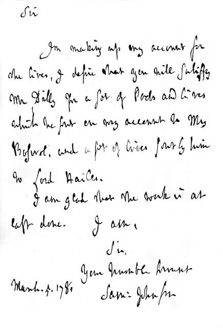 A letter from Dr Johnson, on his finishing the Lives of the Poets, c1780, (1840).  Artist: James Boswell