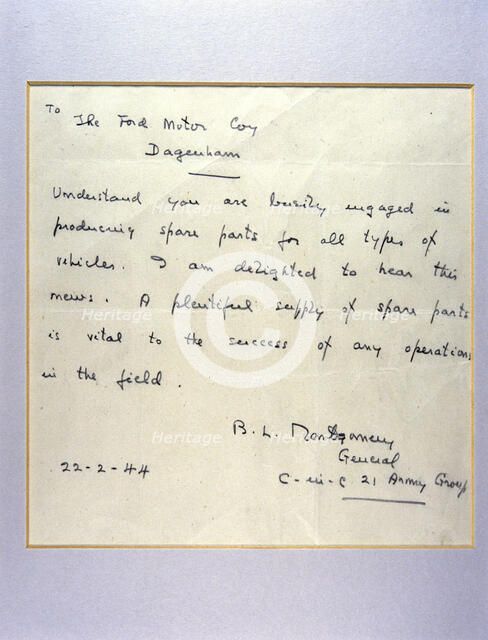 A letter from General Montgomery to Henry Ford, 1944. Artist: General Montgomery