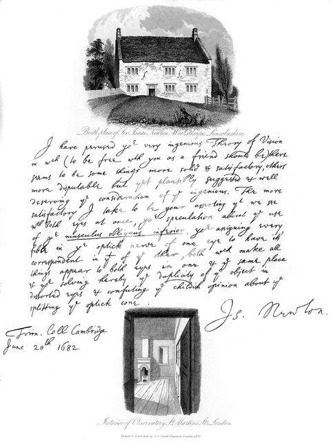A letter from Isaac Newton, and a view of his birthplace at Woolsthorpe, Lincolnshire, 1682, (1840).Artist: Isaac Newton