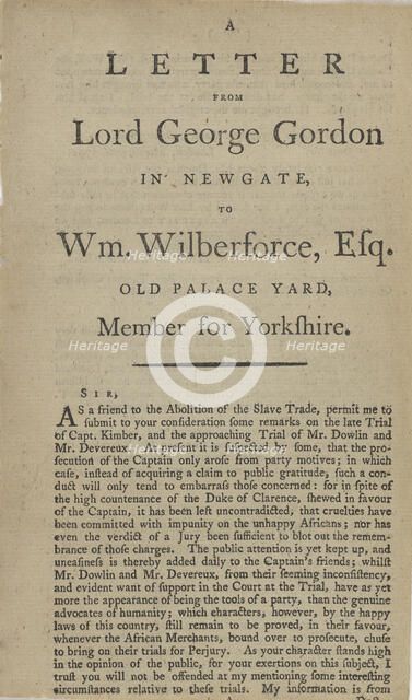 A letter from Lord George Gordon in Newgate, to Wm. Wilberforce, Esq...., 1792. Creator: Unknown.